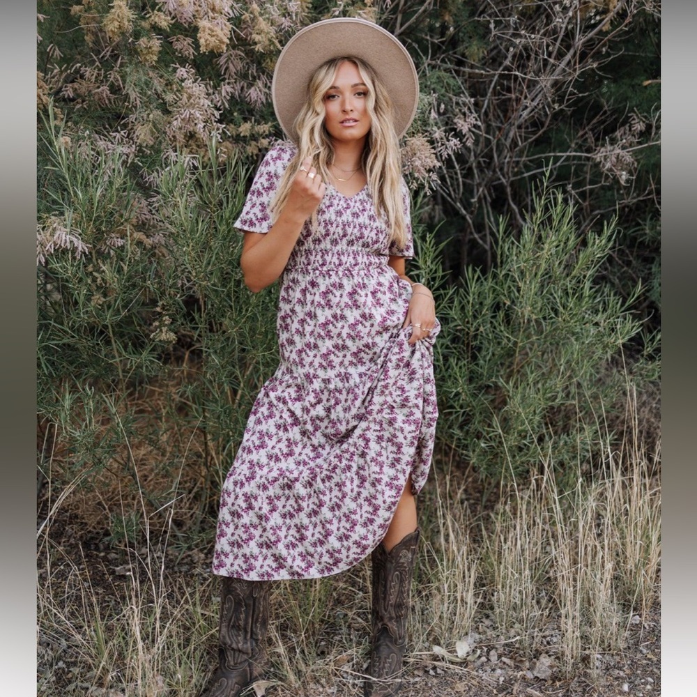NWOT FEHRNVI Tayla Taupe Purple Floral Midi Cottagecore / Prairie Dress Large
